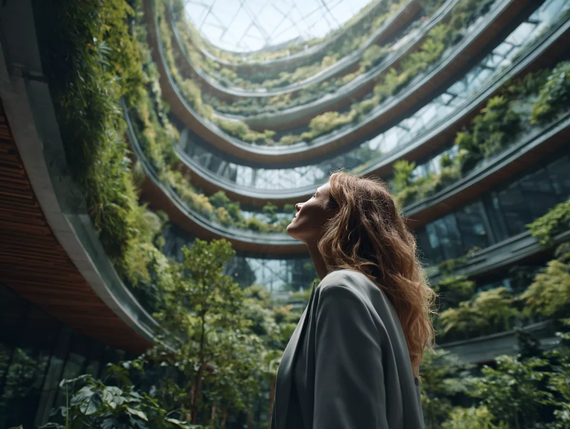 femme devant un bâtiment vert